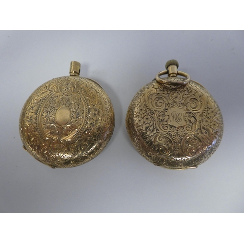 204 - Two gold coloured metal fob watches, faced by Roman dials  both stamped 18k  (approx. 70g ... 