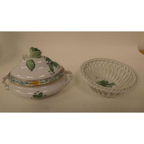 235 - Eight items of Herend porcelain dressing table ware, decorated in tones of green and highlighted in ... 