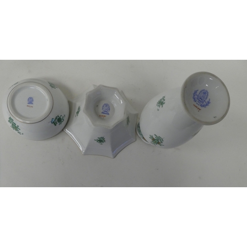 235 - Eight items of Herend porcelain dressing table ware, decorated in tones of green and highlighted in ... 