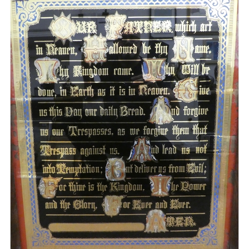 249 - A 19thC mirror backed and painted text, highlighted in brass and featuring The Lords Prayer, inscrib... 