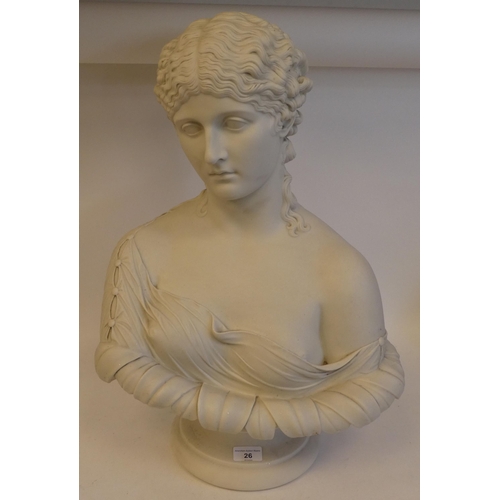 26 - A Victorian Copeland Parianware bust, a young woman, her hair in ringlets, on a two-part socle ... 