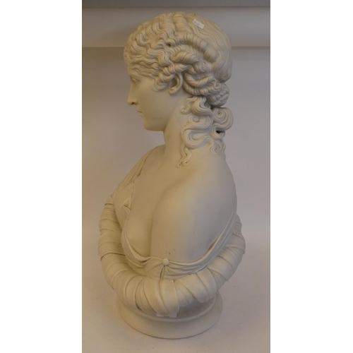 26 - A Victorian Copeland Parianware bust, a young woman, her hair in ringlets, on a two-part socle ... 