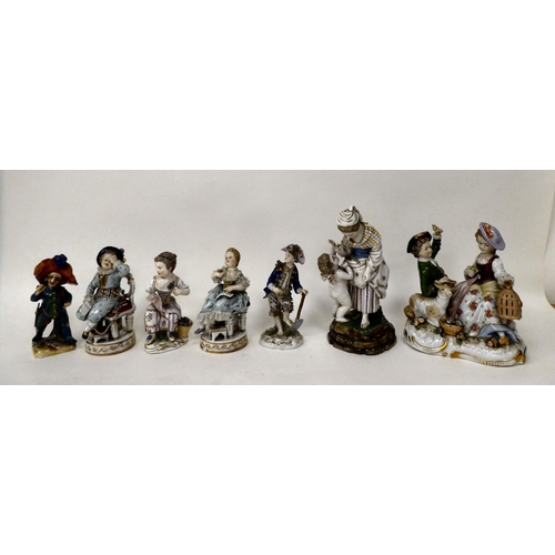 260 - Seven early 20thC Continental porcelain figures: to include two children with caged birds and a shee... 