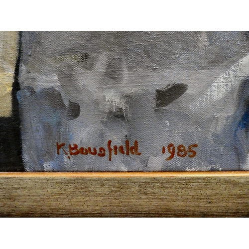 29 - K Bousfield - a still life study, apples on a ledge  oil on canvas  bears a signature &... 