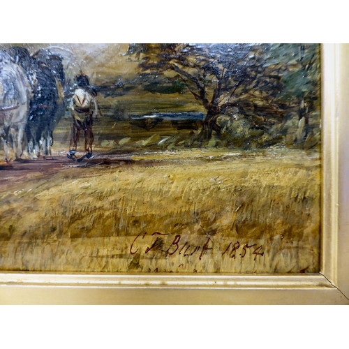 32 - CJ Burt - a ploughman and boy, working a field in a village setting  oil on board  bears a... 