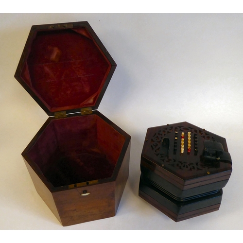 5 - A mid Victorian rosewood concertina of hexagonal form, inscribed C.Wheatstone  serial no.3744 in a f... 