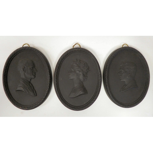 55 - A series of three Wedgwood black basalt, oval, portrait plaques, viz. HRH The Prince Philip Duke of ... 