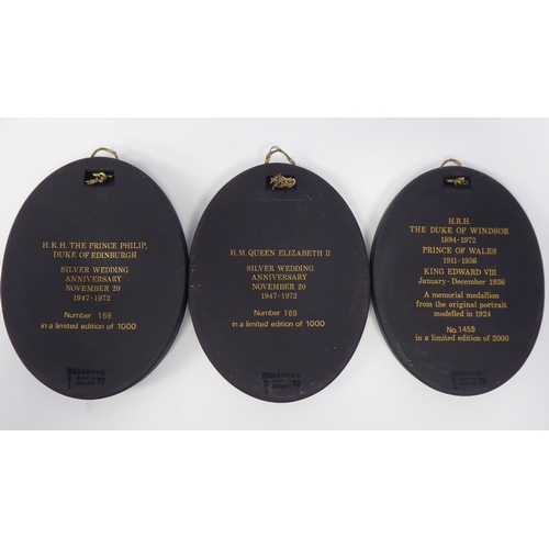 55 - A series of three Wedgwood black basalt, oval, portrait plaques, viz. HRH The Prince Philip Duke of ... 