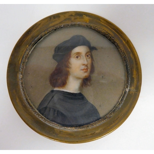 61 - A 19thC, probably European, head and shoulder portrait miniature, a young scholar  framed ... 