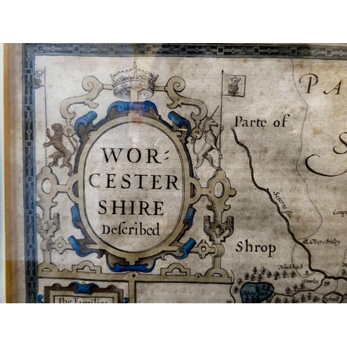 67 - A John Speed circa 1610 map of Worcester, described by Christopher Saxton with additional Coats of A... 