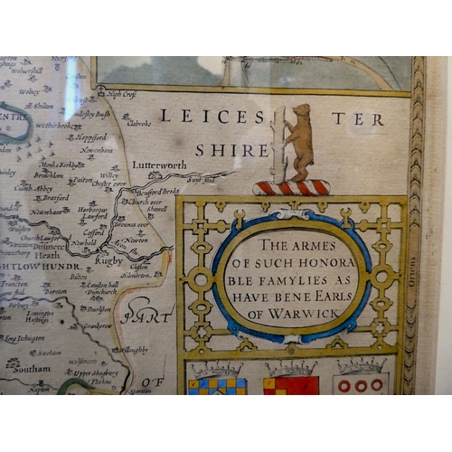 68 - A John Speed early 17thC map of the County of Warwick with the coat of arms of important former Earl... 