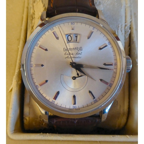 8 - An Eberhard Extra-Fort stainless steel cased automatic wristwatch, faced by a baton dial with date a... 