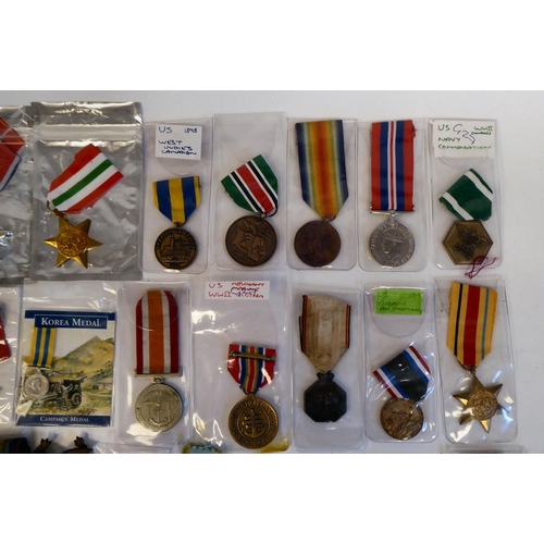 80 - Military medals, some copies: to include a British Great War example, awarded to '2427 PTE CT Catley... 