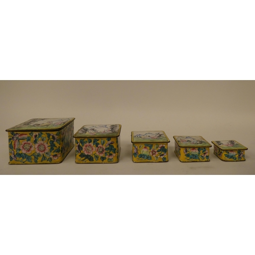 92 - A graduated set of five Chinese coloured enamel boxes, decorated with figures and flora  larges... 