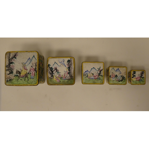 92 - A graduated set of five Chinese coloured enamel boxes, decorated with figures and flora  larges... 