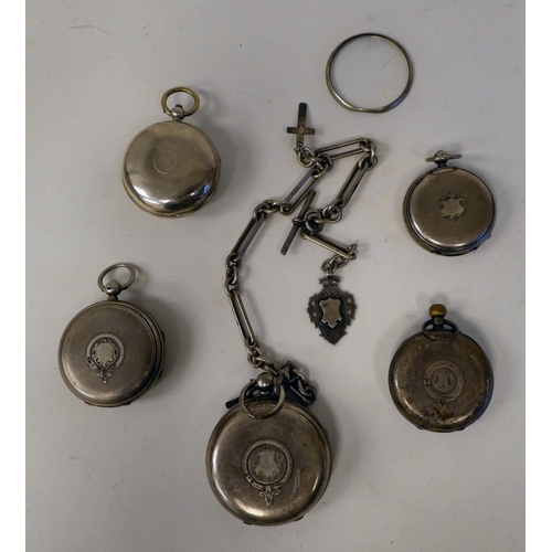 202 - Five silver/white metal pocket watches, faced by Roman dials  mixed marks  one on a chain