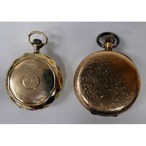 205 - Two gold coloured metal cased fob watches, faced by Roman dials  14 & 15ct marks  (combined gros... 