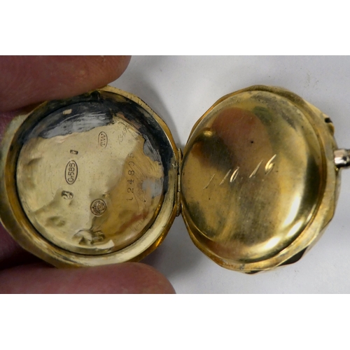 205 - Two gold coloured metal cased fob watches, faced by Roman dials  14 & 15ct marks  (combined gros... 