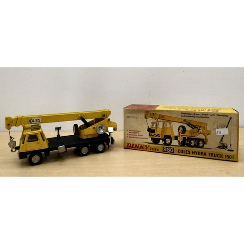 219 - Four Dinky diecast model vehicles: to include a No.980 Coles Hydra Truck  boxed