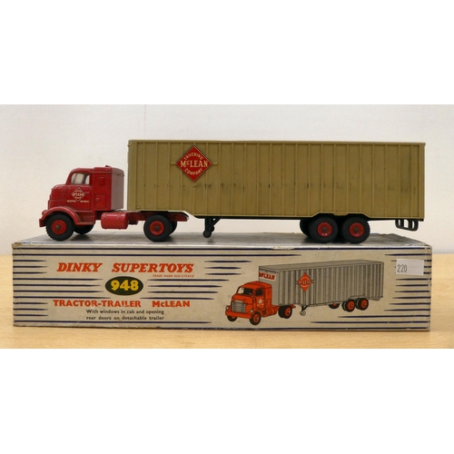 220 - Three Dinky diecast model vehicles: to include a No.948 Tractor-Trailer Mclean  boxed