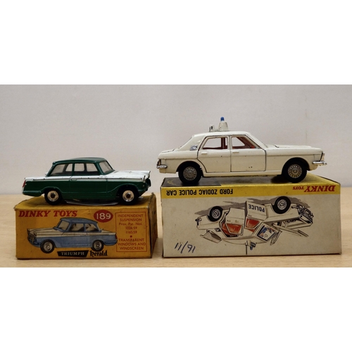 222 - Five Dinky diecast model vehicles: to include a No.189 Triumph Herald  boxed