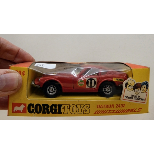 237 - Five Corgi diecast model vehicles: to include a No.394 Whizzwheels Datsun 2402  boxed