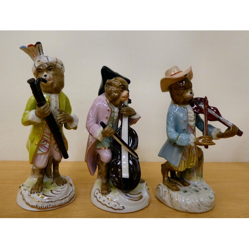 114 - Late 19th/20thC Continental porcelain monkey band figures  various sizes  (none by Meissen)