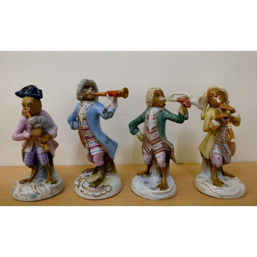 115 - Late 19th/20thC Continental porcelain monkey band figures  various sizes  (none by Meissen)