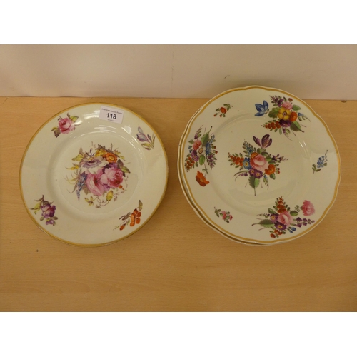 118 - Ceramics: to include four similar early 19thC Derby porcelain plates, each decorated with flora ... 