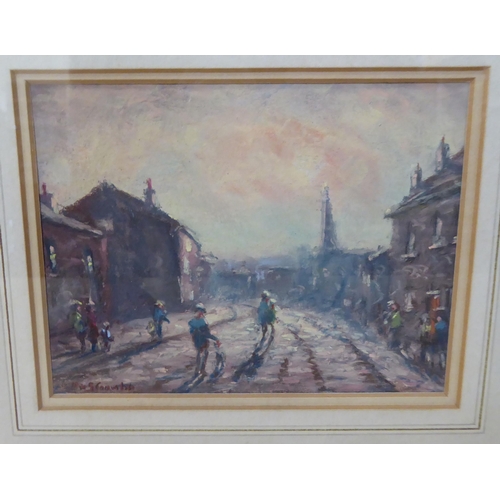 350 - Peter Coombs - a street scene with figures  watercolour  bears a signature 4