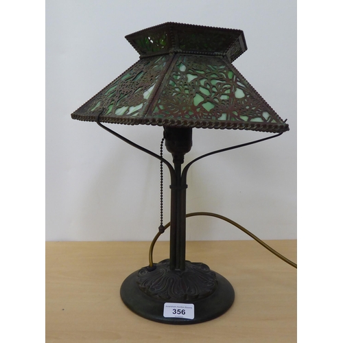 356 - An Art Nouveau design cast metal table lamp with a green glass shade  stamped Hubbell  14.5