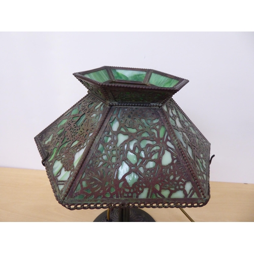 356 - An Art Nouveau design cast metal table lamp with a green glass shade  stamped Hubbell  14.5