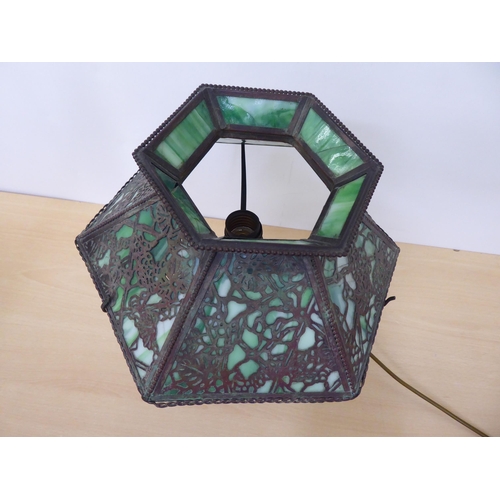 356 - An Art Nouveau design cast metal table lamp with a green glass shade  stamped Hubbell  14.5