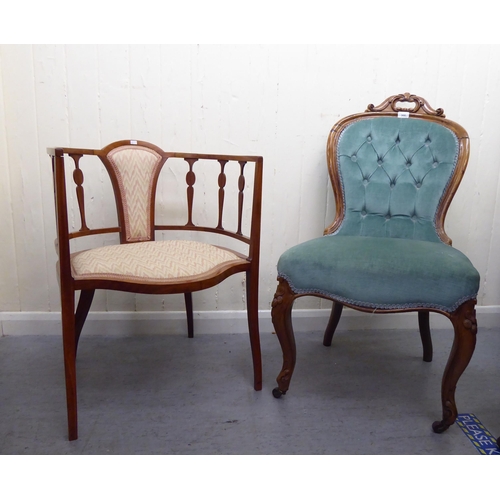 368 - Chairs: to include an Edwardian satinwood framed salon chair of tub design, raised on square, tapere... 