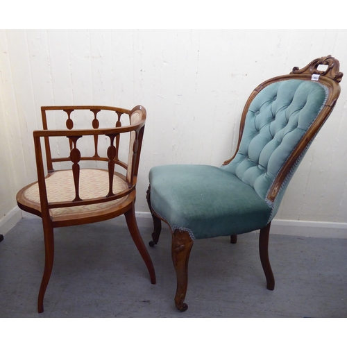 368 - Chairs: to include an Edwardian satinwood framed salon chair of tub design, raised on square, tapere... 