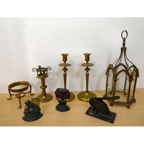 373 - Metalware: to include a pair of brass candlesticks with circular bases  10