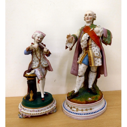 48 - Four painted bisque figures: to include one featuring a man in a frockcoat, on an oval pedestal ... 