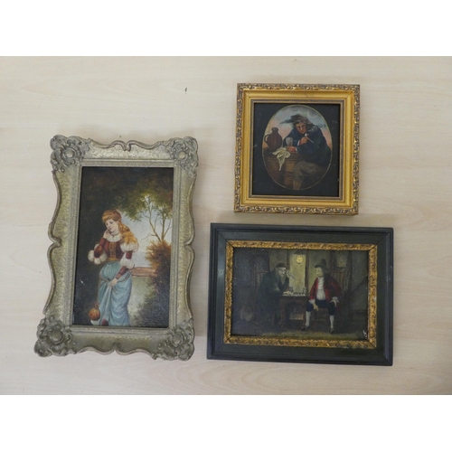 62 - Three 19thC framed figure scenes, one depicting a man smoking and drinking ale  oil on board&nb... 