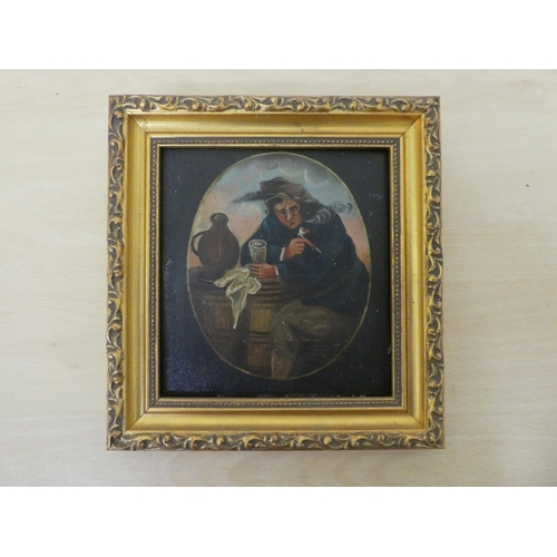 62 - Three 19thC framed figure scenes, one depicting a man smoking and drinking ale  oil on board&nb... 