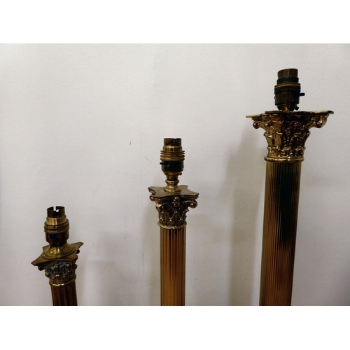 80 - Three Corinthian design lacquered brass table lamps  largest 21