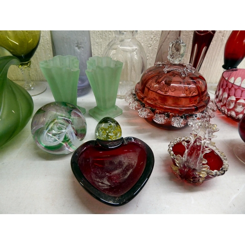 109 - Glassware: to include a cranberry coloured and clear glass, lidded dressing table pot  5