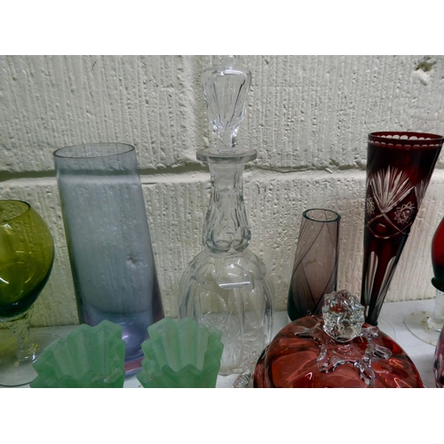 109 - Glassware: to include a cranberry coloured and clear glass, lidded dressing table pot  5