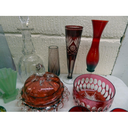 109 - Glassware: to include a cranberry coloured and clear glass, lidded dressing table pot  5