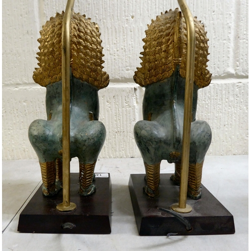 149 - A pair of modern cast metal table lamps, fashioned as Dogs of Fo, on plinths  16