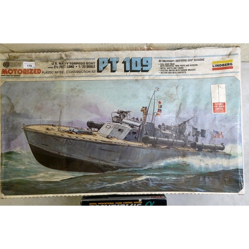 176 - A 1/32 scale model kit, a 'PT 109 US Navy Torpedo Boat' by Lundberg; and a 'Technoplus-X' radio cont... 