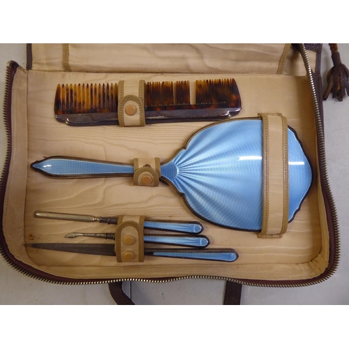 2 - A six piece silver and blue enamel back dressing table set  Birmingham 1936