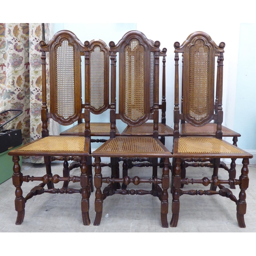 368 - A set of six early/mid 20thC oak framed traditional English style dining chairs with caned backs and... 