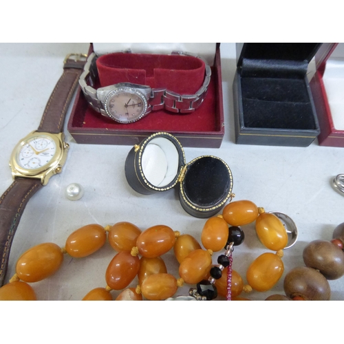 37 - Costume jewellery: to include amber coloured beads; and variously cased and strapped wristwatches