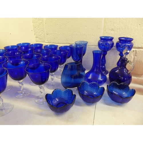 50 - Glassware: to include blue and clear, mainly pedestal wines