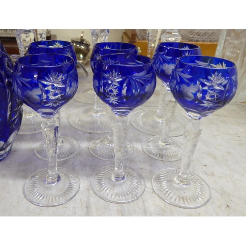 53 - Glassware: to include a set of eight clear and blue coloured hock glasses